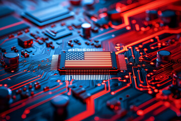 A microchip with the American flag, representing the progress of US technology in AI