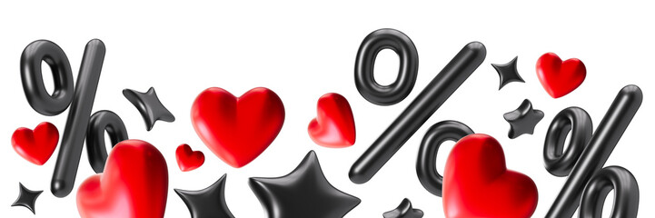Footer with black floating percentage symbols, red hearts and stars, on transparent background. Valentines Day sale. Special offers, discounts. Modern border. Bottom of the sheet. Foreground. 3D.