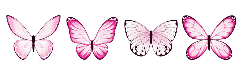 A set of pink butterflies on a white background. Vector illustration.
