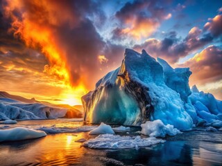 Naklejka premium photo image of a frozen iceberg melting at the base, with lava flowing from beneath, amidst a backdrop of fiery orange and blue hues.