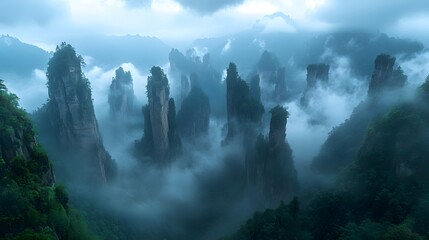 Zhangjiajie National Forest Park: The towering sandstone pillars of Zhangjiajie National Forest Park, shrouded in mist and greenery.
