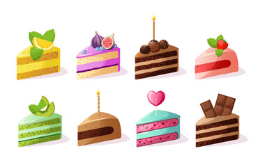 A set of bright festive cake pieces on a white background. Vector illustration.

