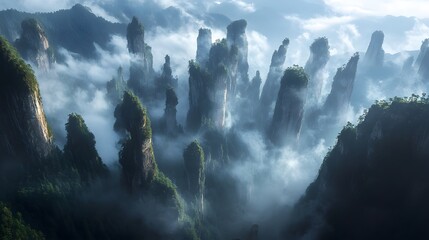 Zhangjiajie National Forest Park: The towering sandstone pillars of Zhangjiajie National Forest Park, shrouded in mist and greenery.
