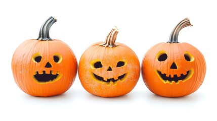 Creepy Trio of Pumpkins with Sinister Grins on Isolated White,