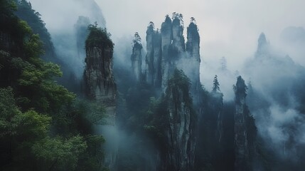Zhangjiajie National Forest Park: The towering sandstone pillars of Zhangjiajie National Forest Park, shrouded in mist and greenery.
