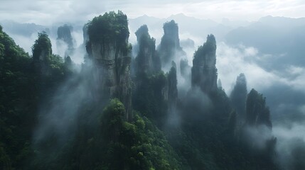Zhangjiajie National Forest Park: The towering sandstone pillars of Zhangjiajie National Forest Park, shrouded in mist and greenery.
