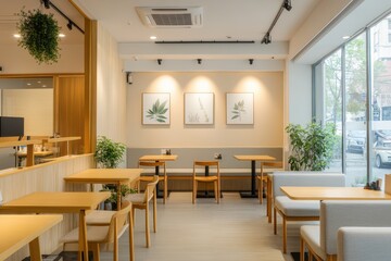 Fototapeta premium A modern caf? interior with wooden tables, plants, and framed botanical art.