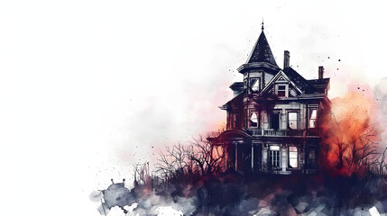 Spooky Haunted House Frame white Background watercolor