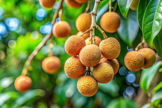 a photo image of a langsat fruit in its natural habitat, with leaves and branches in focus and background blurred