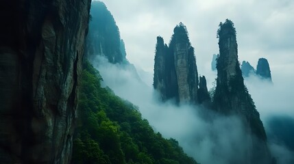 Zhangjiajie National Forest Park: The towering sandstone pillars of Zhangjiajie National Forest Park, shrouded in mist and greenery.
