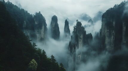 Zhangjiajie National Forest Park: The towering sandstone pillars of Zhangjiajie National Forest Park, shrouded in mist and greenery.
