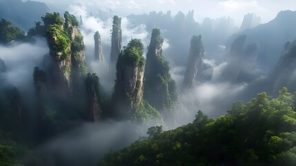 Zhangjiajie National Forest Park: The towering sandstone pillars of Zhangjiajie National Forest Park, shrouded in mist and greenery.
