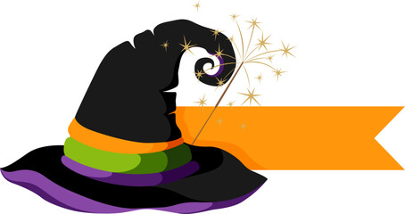 Witch hat with ribbon and sparklers. Halloween decoration element.