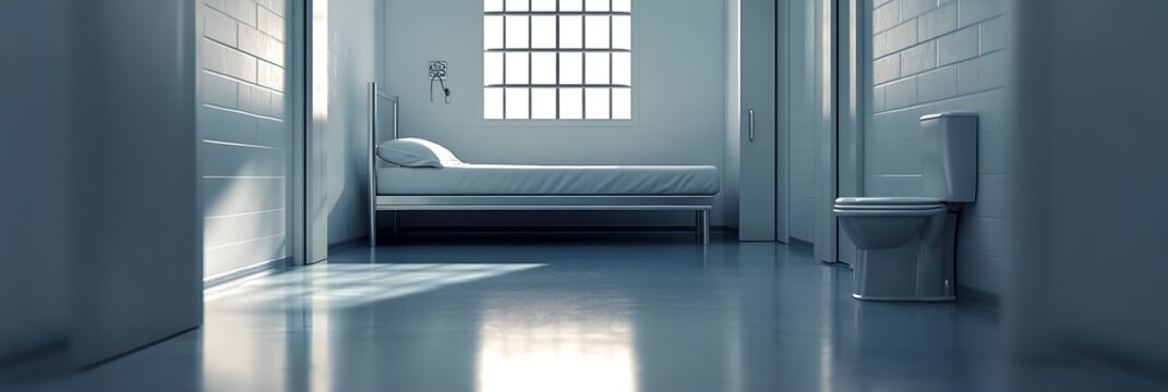 An empty prison cell with a bed and toilet, with blank space on the walls and floor for text