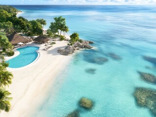 Aerial view of a beach resort, with swimming pools, palm trees, and beachfront cabanas