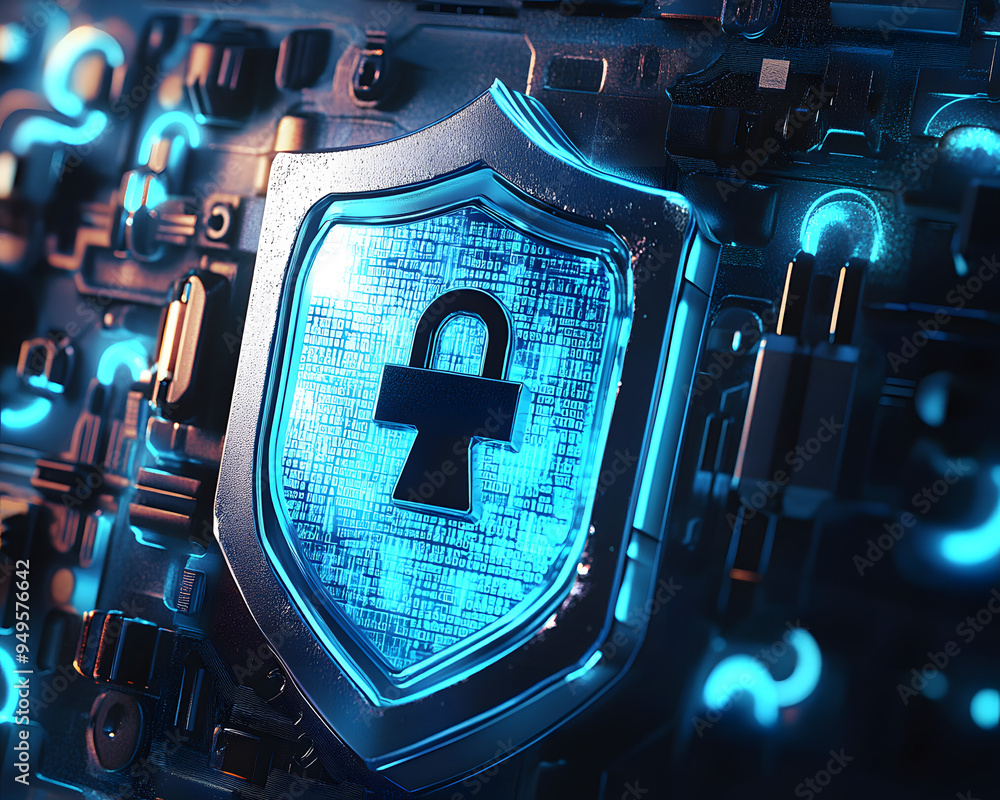 Poster cyber security and data protection of private information. locks of blue shield concept. ai generati