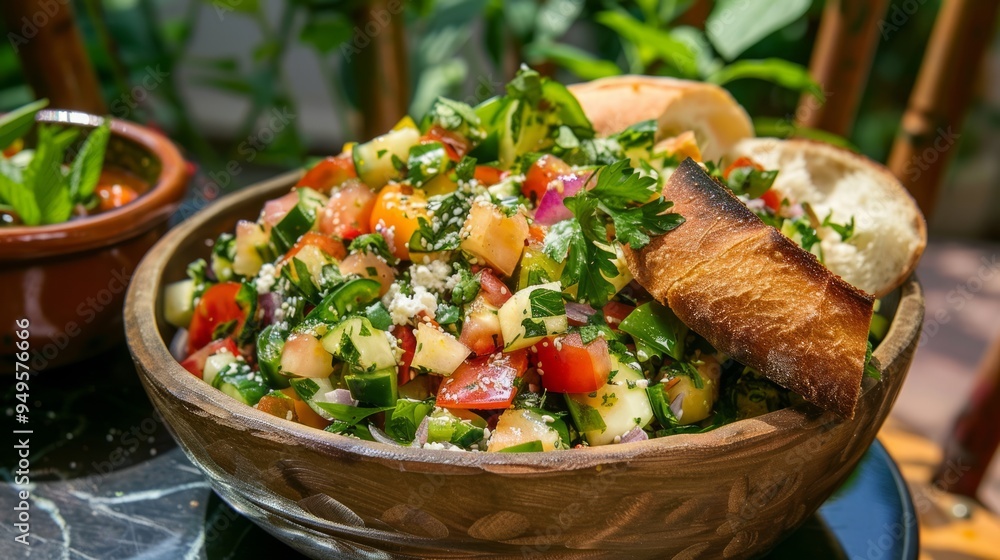 Wall mural Fresh salad with tomatoes, cucumbers, parsley, and toasted bread in a wooden bowl.