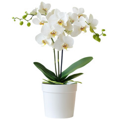 White orchid flower in pot isolated on transparent background, ideal for floral-themed digital designs, botanical illustrations, and home decor projects