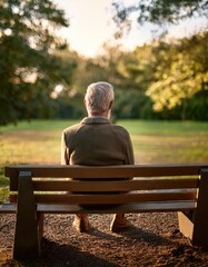 Fototapeta premium A mature man sits alone on a park bench, reflecting on life among the tranquility of nature
