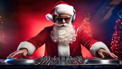 Christmas party featuring Santa Claus as the DJ in a festive outfit, mixing tracks on a DJ mixer 
