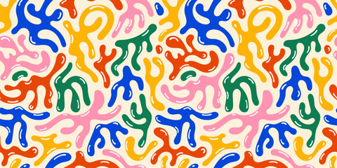 Set of abstract liquid shapes in retro style. Seamless pattern with children's doodles. Organic drops, bubbles with highlights. Abstract banner, poster for kids. Vector illustration in flat style