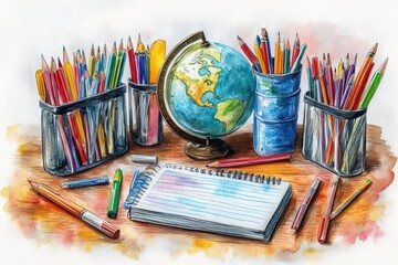 A watercolor-style digital painting featuring a desk cluttered with colorful pencils and writing 