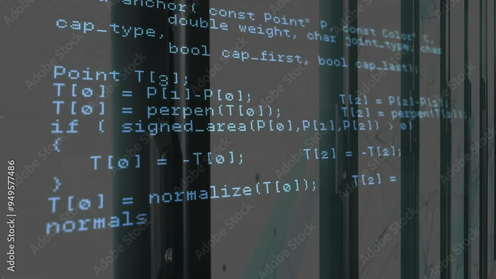 Poster computer code animation over glass windows in modern office building