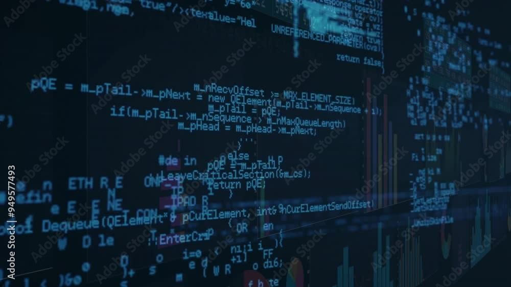 Aufkleber Animating computer code and data visualization over dark background