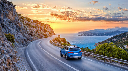 Blue suv car drives along a scenic coastal highway at sunset