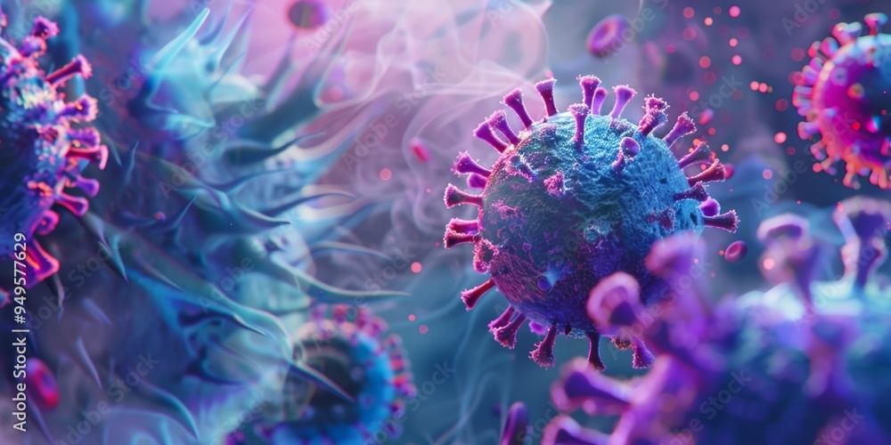 Poster a detailed close-up of a coronavirus particle with spikes surrounded by smoke
