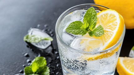 Soda water served with a lemon wedge and mint leaves