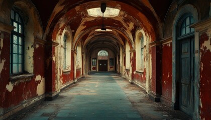 Fototapeta premium A long, arched hallway in a decaying building
