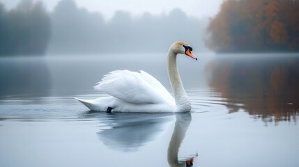Fototapeta premium Solitary Swan on Misty Lake