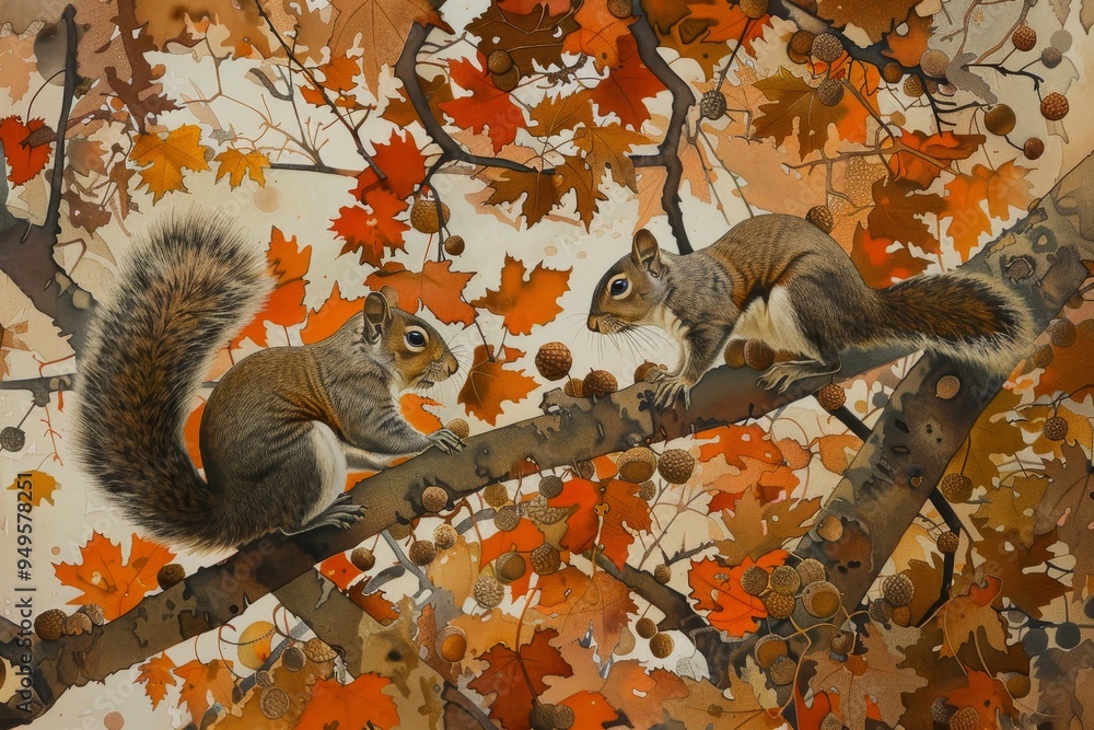 Poster two squirrels collecting acorns on a tree branch, squirrels collecting acorns beneath a canopy of or