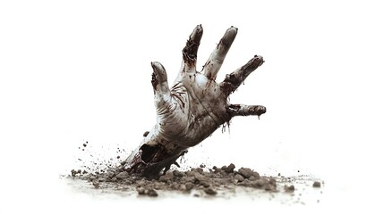 Eerie Zombie Hand Emerging from the Ground on White Background.