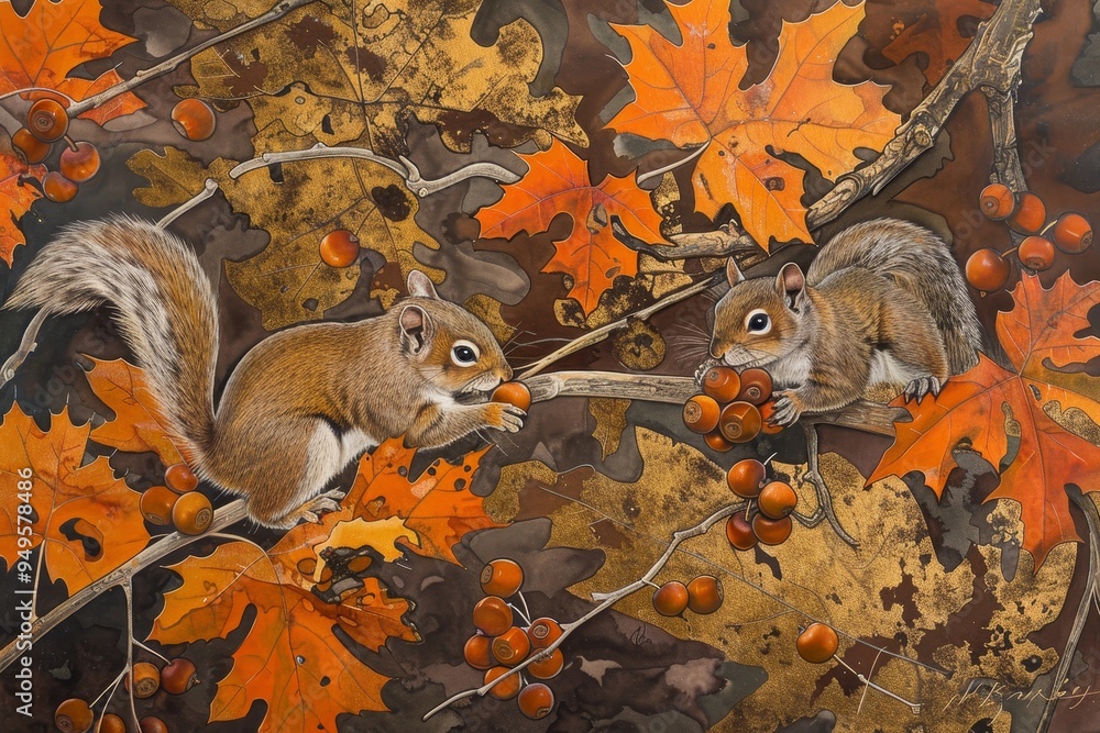 Poster two squirrels are collecting acorns on a tree branch, squirrels collecting acorns beneath a canopy o