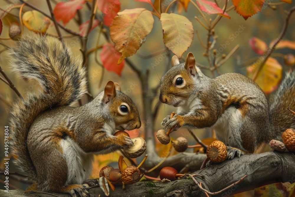 Poster two squirrels perched on a tree branch munching on nuts, squirrels gathering acorns in preparation f