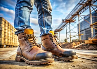 a photo image of a pair of rugged, high-top boots with steel toes, laces, and rubber soles protecting a worker's feet on a construction site
