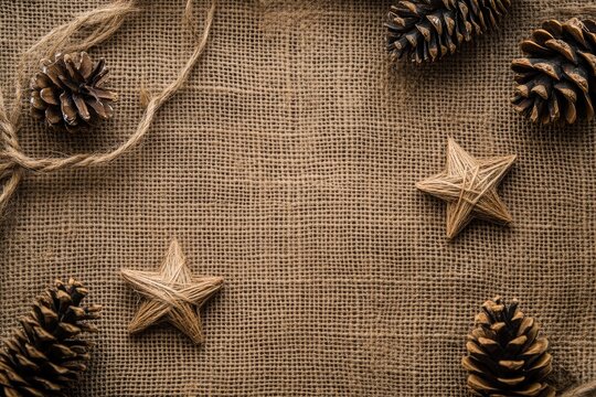 Rustic Christmas background with pinecones and twine stars on a burlap surface