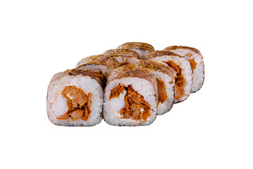 Sushi rolls with smoked eel and cream cheese on white background