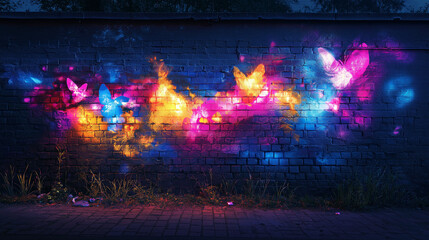 Obraz premium Glowing graffiti art on a dark urban wall, vibrant and rebellious, street art glowtime, edgy and artistic