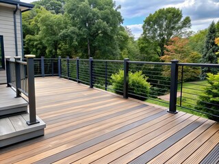 A sleek modern deck with a gray finish and black railings creates a sophisticated outdoor space.