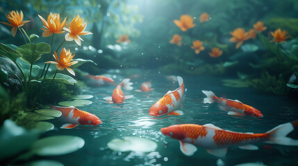 Glowing koi fish swimming in a dark pond, creating an ethereal and peaceful scene, aquatic glowtime, tranquil and beautiful
