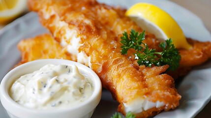 A delicious dish of crunchy chipped fish accompanied by a lemon slice and tartar sauce