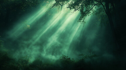 Obraz premium Glowing light beams breaking through a dense fog in a dark forest, mysterious and captivating, forest glowtime, eerie and enchanting