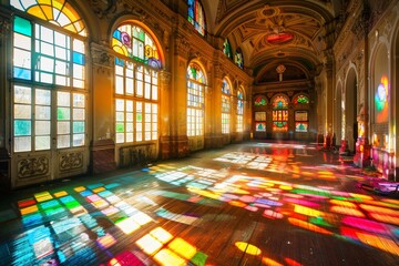 A spacious room filled with an abundance of windows and colorful stained glass, letting in natural light, Stained glass windows casting colorful light into the hall