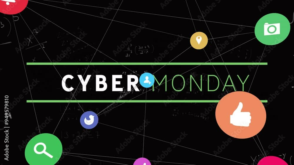Poster cyber monday text animation with colorful icons and network connections on black background
