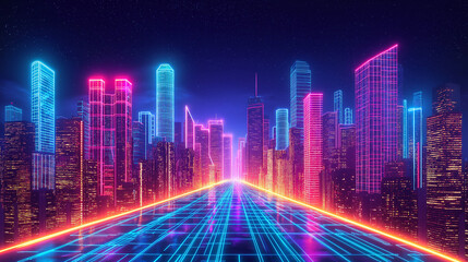 Fototapeta premium Glowing neon lines tracing the outline of a cityscape, abstract glowtime, modern and energetic