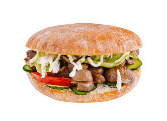 Delicious pita bread sandwich filled with mushrooms, salad and sauce