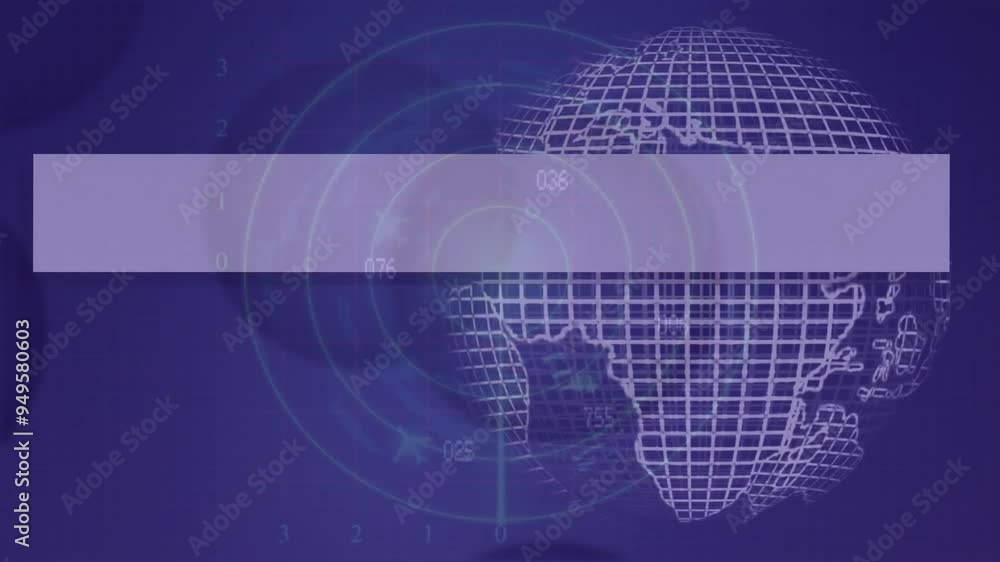 Poster rotating globe and radar animation with numbers over blue background
